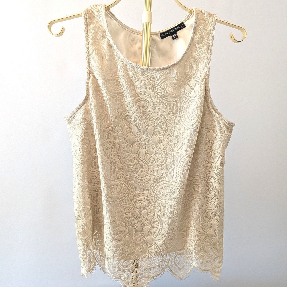 Three Pink Hearts Lace Tank Top Women L Gold/Off White Floral Sleeveless Blouse